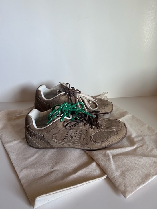 Miu Miu Shoes - Miu Miu x NEW BALANCE Taupe Suede Sneakers with Green Accent Laces